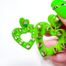 Load image into Gallery viewer, Brat Green Studded Heart Dangles
