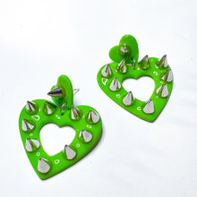 Load image into Gallery viewer, Brat Green Studded Heart Dangles
