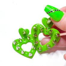 Load image into Gallery viewer, Brat Green Studded Heart Dangles
