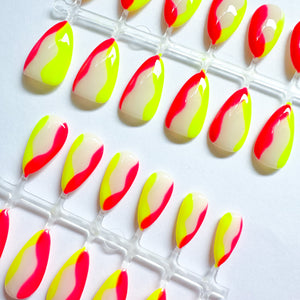 Neon Pink and Yellow Wavy French Press On Nails