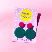 Load image into Gallery viewer, Colour Block&#39;d Circle Earrings in Dark Teal and Fuchsia

