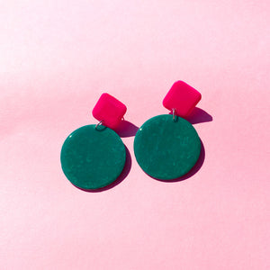 Colour Block'd Circle Earrings in Dark Teal and Fuchsia