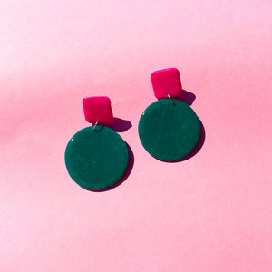Colour Block'd Circle Earrings in Dark Teal and Fuchsia