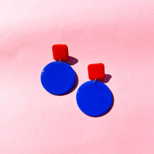 Load image into Gallery viewer, Colour Block&#39;d Circle Earrings in Cobalt Blue and Hot Red
