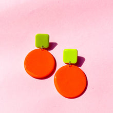 Load image into Gallery viewer, Colour Block&#39;d Circle Earrings in Orange and Lime Green
