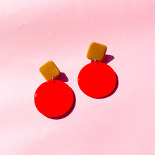 Load image into Gallery viewer, Colour Block&#39;d Circle Earrings in Hot Red and Mustard Yellow
