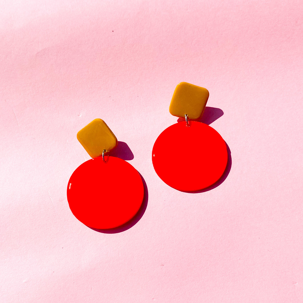 Colour Block'd Circle Earrings in Hot Red and Mustard Yellow