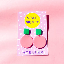 Load image into Gallery viewer, Colour Block&#39;d Circle Earrings in Pink and Seafoam
