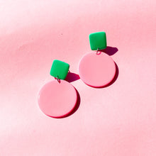 Load image into Gallery viewer, Colour Block&#39;d Circle Earrings in Pink and Seafoam
