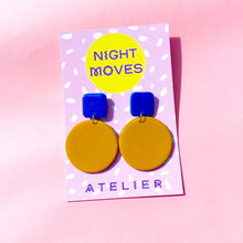 Load image into Gallery viewer, Colour Block&#39;d Circle Earrings in Chartreuse and Cobalt Blue
