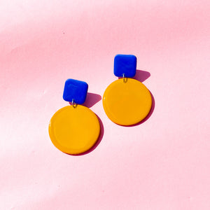 Colour Block'd Circle Earrings in Chartreuse and Cobalt Blue